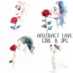 8 Watercolor Abstract Love Girl Clipart, Valentine&#39;s Clipart with Women and Roses, Love Clipart, Rose Girl Clipart High-Quality JPG Download