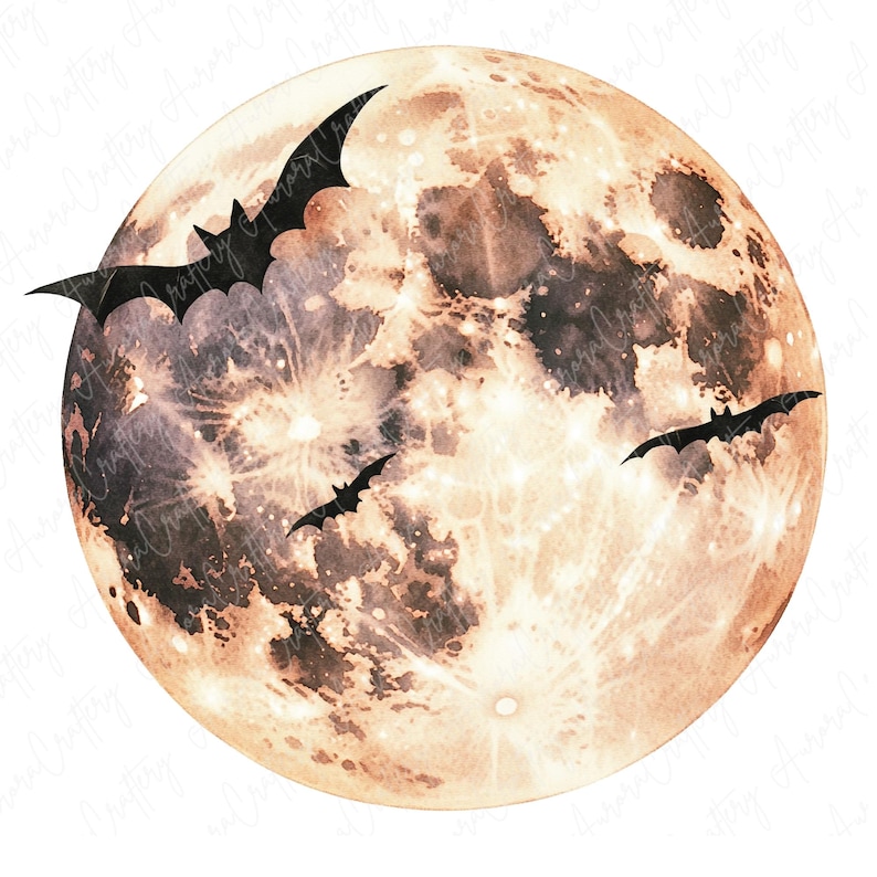 8 Spooky Full Moon With Bats Clipart, Watercolor Spooky Moon Clipart ...