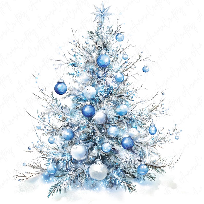8 Watercolor Blue Winter Trees Clipart, Glittery Snow Tree Clipart ...
