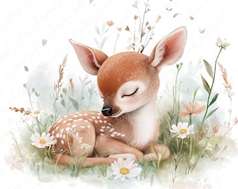 15 枚の水彩画の鹿のクリップアート、花のある森の子鹿、森の動物の