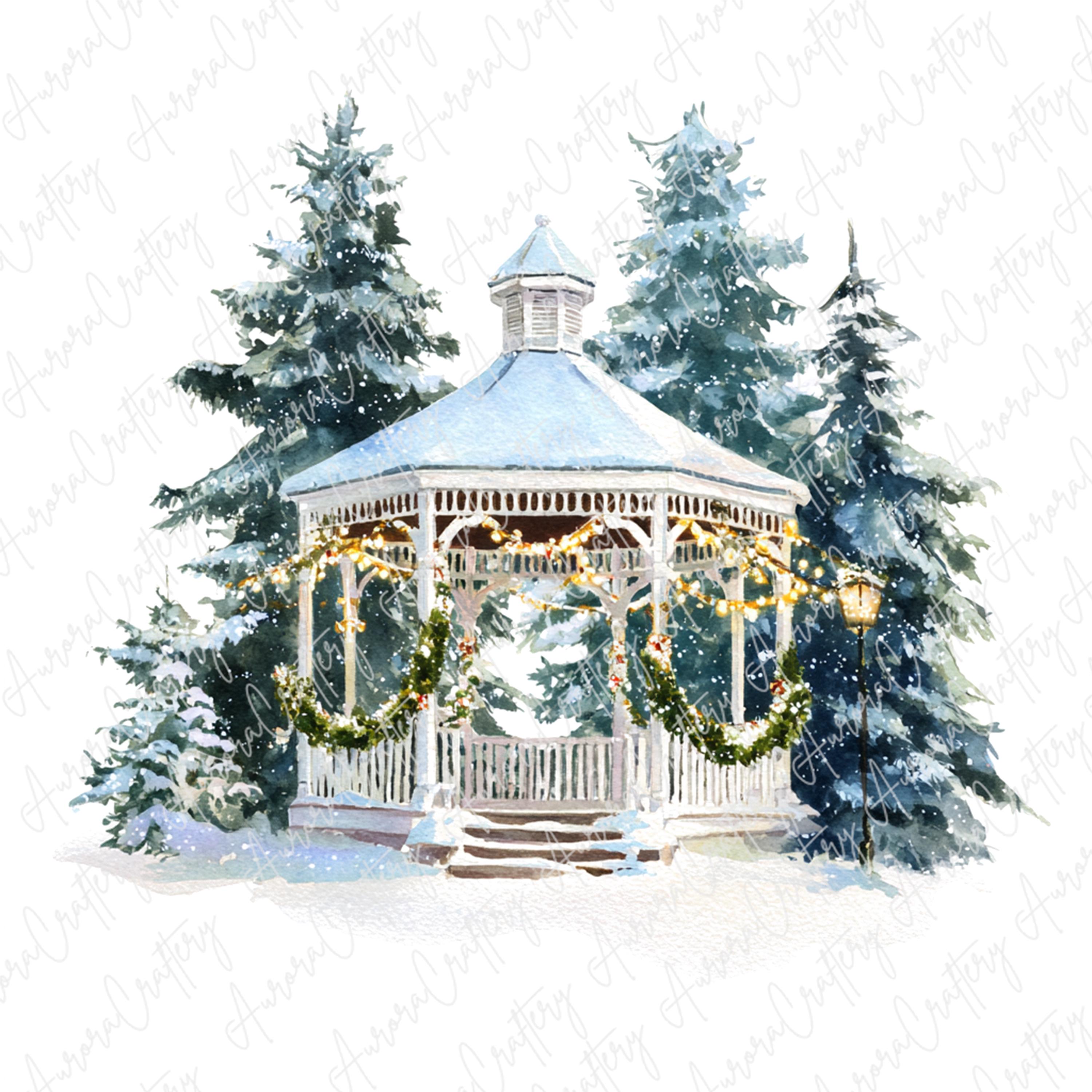 7 枚の水彩画風冬のガゼボのクリップアート、松の木とライトのある雪の