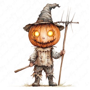 9 Spooky Pumpkin Scarecrow Clipart, Watercolor Scary Jack-o&#39;-Lantern Scarecrow, Printable Clipart Paper Crafts, High Quality JPG Download