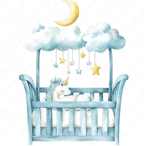 12 babybedje blauwe aquarel clipart, kinderkamer wieg met wolken en sterren, babykamer decor, instant download voor babyshowers en uitnodigingen