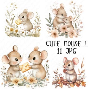 11 imágenes prediseñadas de ratón de acuarela, imágenes prediseñadas de la familia del ratón del bosque, imágenes prediseñadas de animales lindos del bosque, imágenes prediseñadas lindas de guardería, descarga JPG de alta calidad