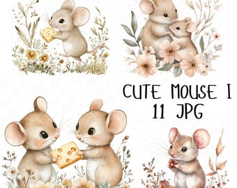 11 Watercolor Mouse Clipart, Woodland Mouse Family Clipart, Cute Forest Animal Clipart, Cute Nursery Clipart, High Quality JPG Download