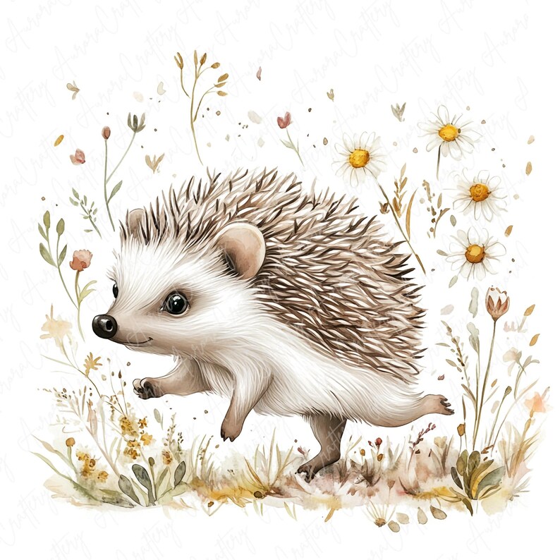 A collection of 9 watercolor hedgehog clipart images, featuring hedgehogs in floral woodland settings, perfect for nursery decor and woodland-themed projects.