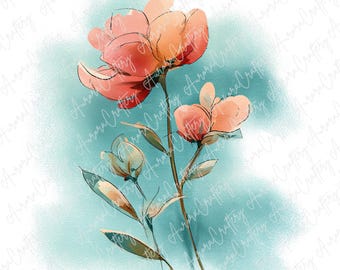 水彩線画の花のクリップアート5点、コーラルとティールの花のイラスト