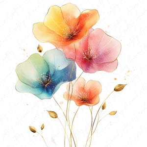 Pacote de clipart floral aquarela com 8 buquês de arco-íris, flores coloridas brilhantes, buquê floral aquarela, JPG de alta qualidade, download instantâneo