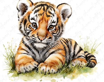 8 imágenes prediseñadas de tigres bebés en acuarela, cachorros de la selva entre árboles y césped, imágenes prediseñadas de animales salvajes para manualidades de papel, lindos tigres bebés, JPG de alta calidad