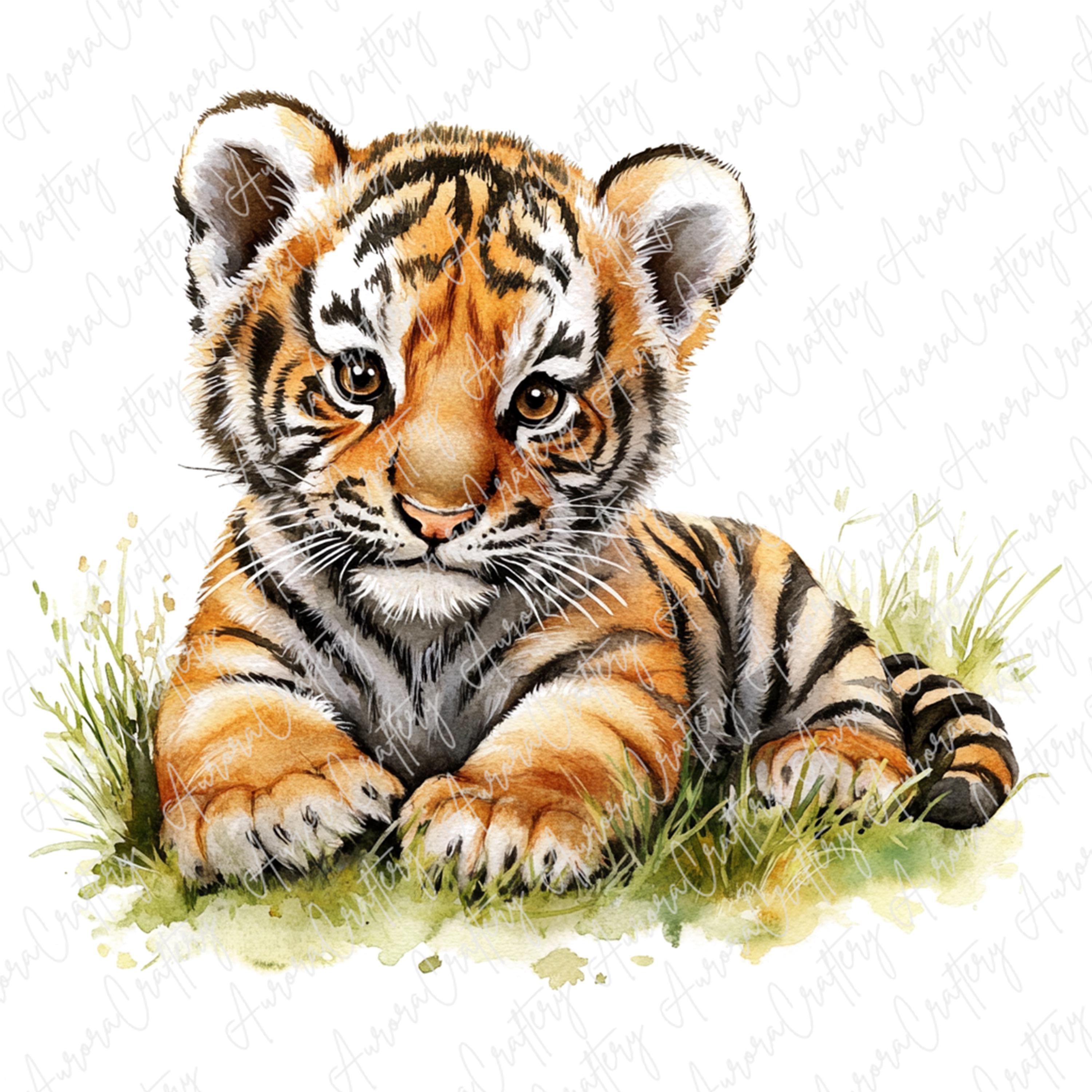 8 Watercolor Baby Tiger Clipart, Jungle Cubs in Trees and Grass