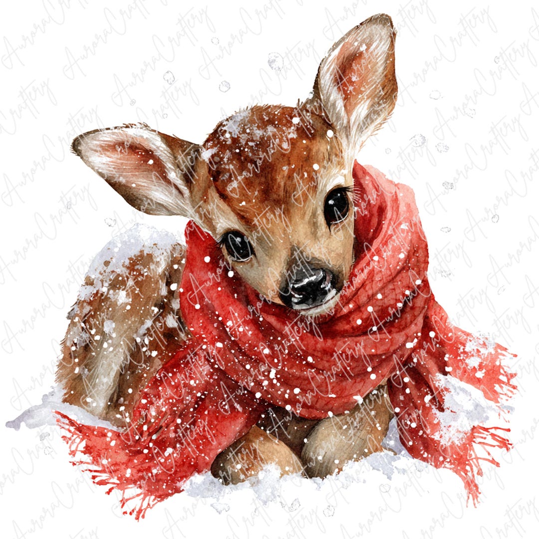 7 Watercolor Winter Deer Clipart, Cute Fawn With Red Scarf, Festive ...