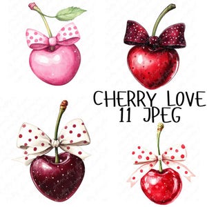 11 Clipart de cereja de dia dos namorados em aquarela, cereja fofa em forma de coração, clipart de dia dos namorados, artesanato de clipart festivo, download de JPG de alta qualidade