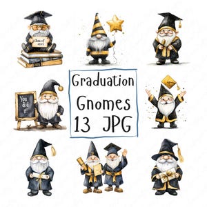 13 Aquarell Abschluss Gnome Clipart, niedliche Zwerge in den Abschluss-Outfits mit Zertifikat, Abschlussklasse von 2025, hochwertiger JPG Download