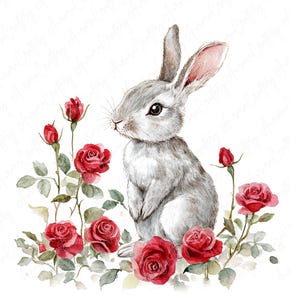 10 Watercolor Rose Bunny Clipart, Cute Valentine's Bunnies With Red ...