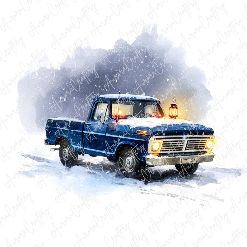 8 Watercolor Blue Vintage Truck Clipart, Snowy Night Pickup With ...
