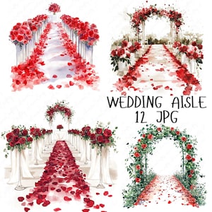 12 Watercolor Wedding Aisle Clipart, Red Rose Clipart, Romantic Wedding Clipart, Valentine&#39;s Day Clipart, Love Clipart, High-Quality JPG
