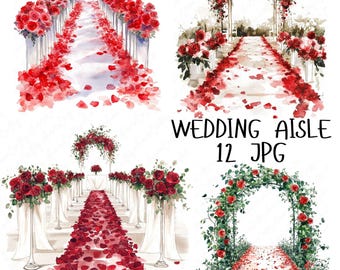 12 水彩ウェディング アイル クリップアート、赤いバラ クリップアート、ロマンチックなウェディング クリップアート、バレンタイン デー クリップアート、愛のクリップアート、高品質 JPG