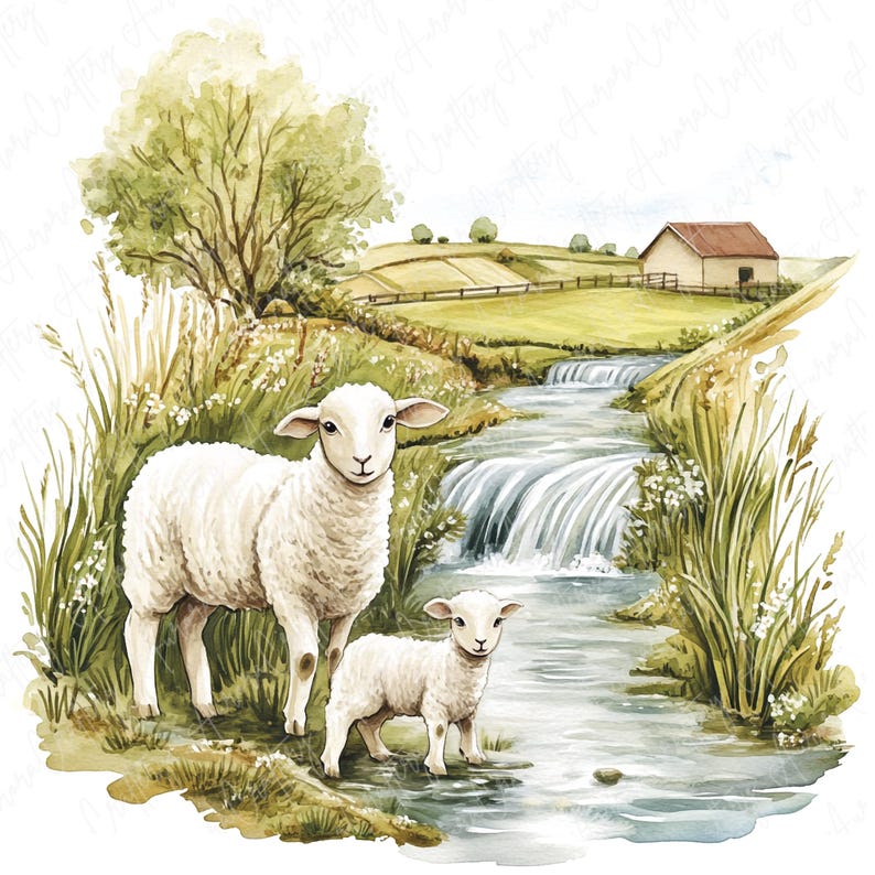 May include: A watercolor painting of a mother sheep and her lamb standing by a stream in a rural setting. The sheep are white and fluffy, and the stream is flowing over rocks and surrounded by green grass and wildflowers.