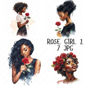 7 Aquarell verliebte Mädchen Clipart, süße Mädchen Clipart, Valentinstag Clipart für Love Crafts, Mädchen mit roten Rosen, hochwertiger JPG Download