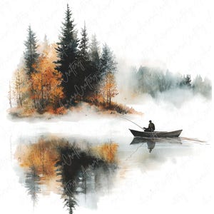 12 imágenes prediseñadas de hombre en barco con acuarela / Lagos tranquilos, pescador en barco, invitaciones de paisajes, diarios, manualidades / Descarga digital JPG de alta calidad