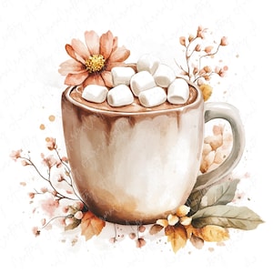May include: A watercolor illustration of a mug filled with hot chocolate topped with marshmallows. The mug is surrounded by fall foliage, including leaves and flowers in shades of brown, orange, and pink.