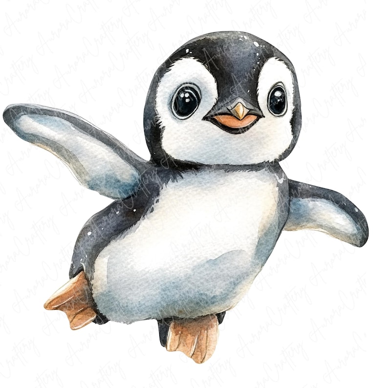 A set of 6 watercolor cute penguin illustrations featuring baby penguins and parent penguins, perfect for winter-themed crafts, nursery decor, and children’s designs.