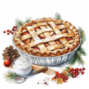 8 Clipart de torta de maçã em aquarela, clipart de sobremesa tradicional, clipart de torta festiva para artesanato sazonal, download de JPG de alta qualidade