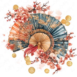 8 Clipart di ventagli di Capodanno cinese ad acquerello, ventagli festivi con fiori di ciliegio e accenti dorati, Clipart di Capodanno lunare, JPG di alta qualità