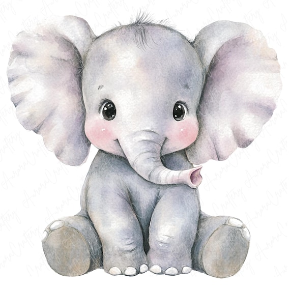 5 Watercolor Baby Elephant Clipart, Cute Baby Animal Clipart, Baby Nursery Clipart, Jungle Safari Baby Shower Clipart, High-Quality JPG