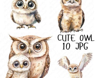 10 akwarelowych uroczych sów clipart, urocze ilustracje sów, kapryśne sowy clipart dla dzieci papierowe rękodzieło, wysokiej jakości pobieranie JPG