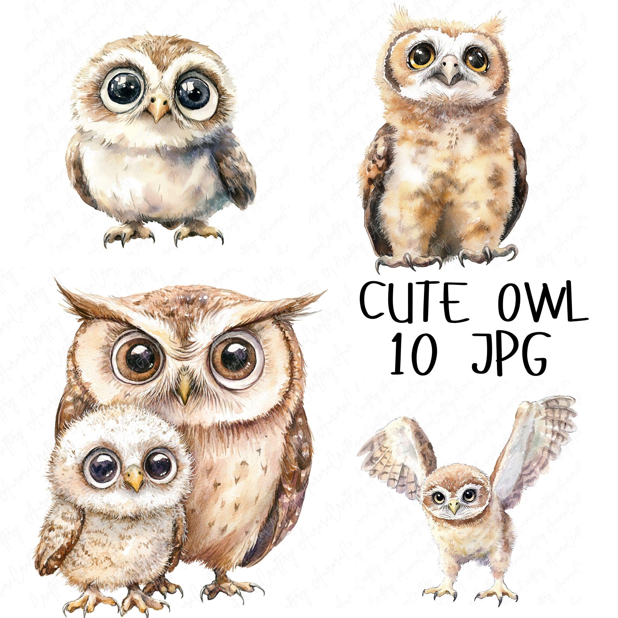 10 Watercolor Cute Owl Clipart, Adorable Baby Owl Illustrations, Whimsical Owl Clipart for Kids Pape