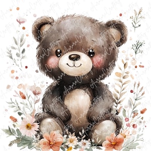 7 Clipart di orsacchiotti floreali ad acquerello, simpatici orsetti con fiori, clipart di animali pastello per lavoretti di carta, download di JPG di alta qualità