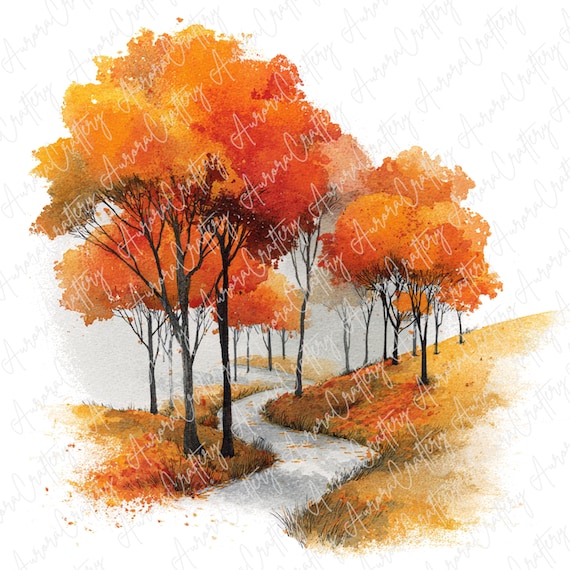 秋の風景画 6枚の水彩画風の秋の風景イラスト、季節の工芸品や装飾に最適な秋の