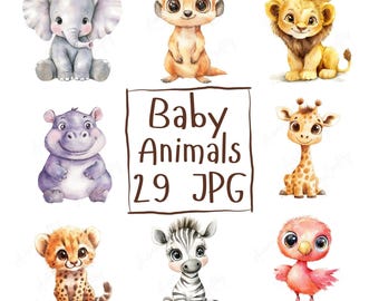 29 imágenes prediseñadas de animales bebés en acuarela / Imágenes prediseñadas de safari de lindas criaturas de la selva, imágenes prediseñadas de la selva para guardería / Descarga digital JPG de alta calidad