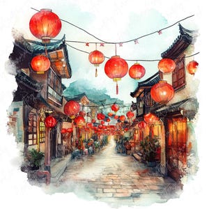 7 imágenes prediseñadas de calle con faroles chinos en acuarela, mercado nocturno festivo, imágenes prediseñadas del Año Nuevo Lunar, arte tradicional de festivales asiáticos, JPG de alta calidad