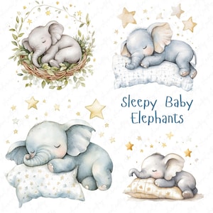 6 Clipart de Elefante Bebê Sonolento em Aquarela | Clipart de Berçário Clipart de Chá de Bebê Clipart de Bebê Sonolento | Download Digital JPG de Alta Qualidade