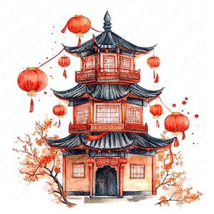 10 Clipart di pagoda cinese ad acquerello, architettura asiatica festiva, clipart del tempio del capodanno cinese, capodanno lunare cinese, JPG di alta qualità