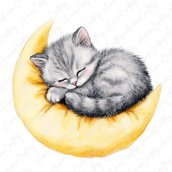 水彩画の子猫のクリップアート7点、月枕で眠るかわいい猫、ベビー