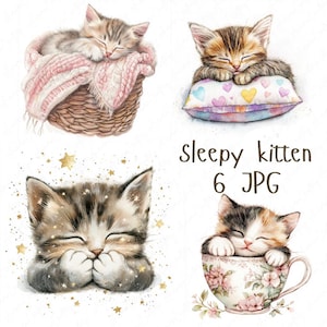 6 Watercolor Sleepy Kitten Clipart, Cute Cats Clipart, Sleepy Cat, Cozy Pet Clipart for Nursery Crafts, Nursery Clipart, High Quality JPG