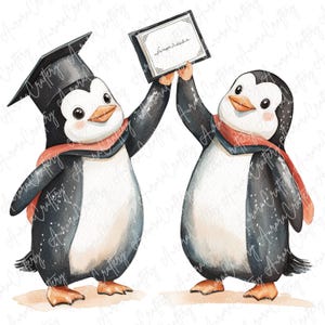 3 Abschluss-Pinguine in den blauen Kleidern, niedliche Pinguin-Clipart mit Diplomen und Kappen, Aquarell-Abschluss-Tier Clipart, hochwertige JPG