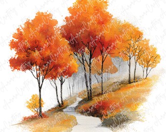 6枚の水彩画風の秋の風景イラスト、季節の工芸品や装飾に最適な秋の