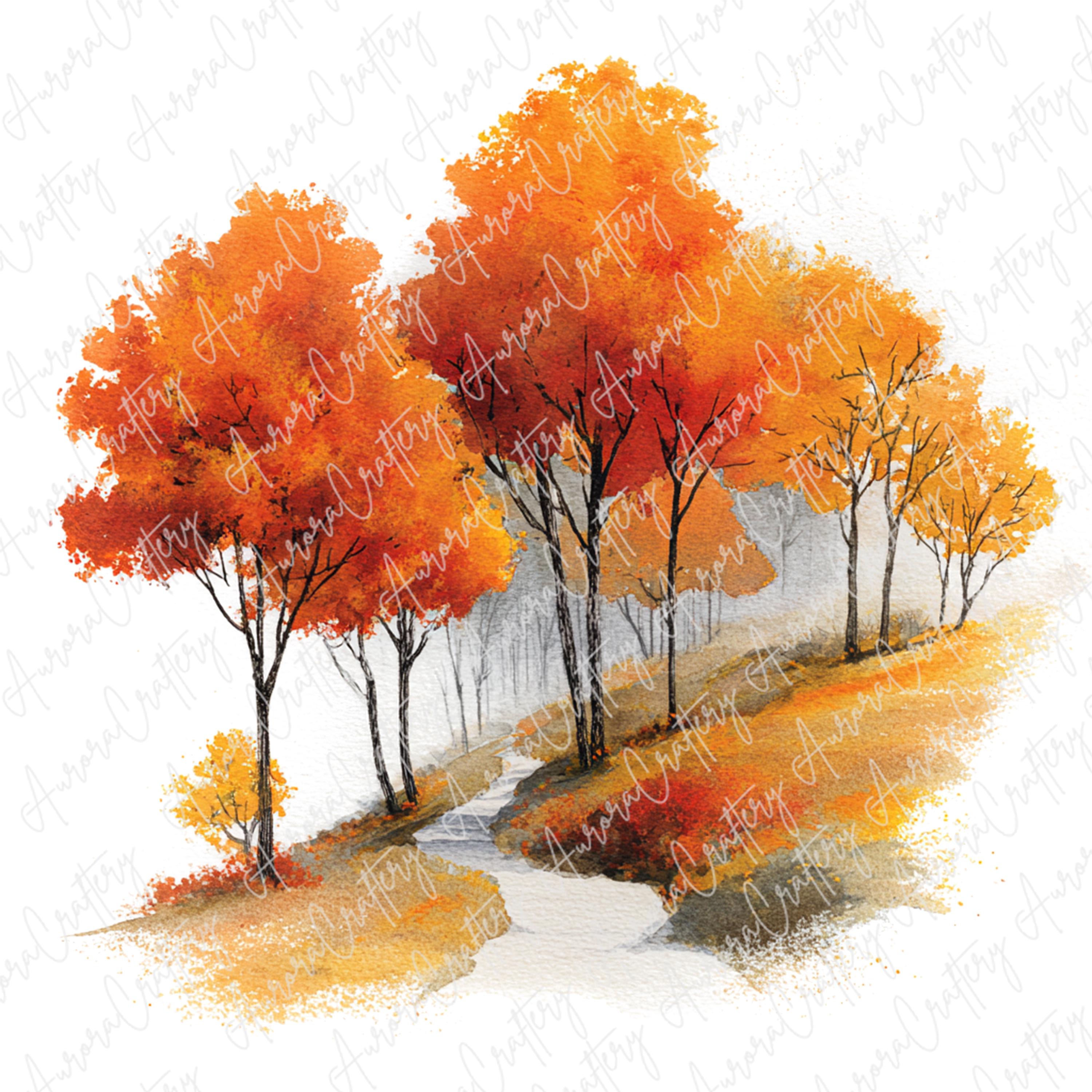 風景画 秋の色合い 装飾フレーム付き 6枚の水彩画風の秋の風景イラスト、季節の工芸品や装飾に最適な秋の