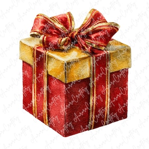 May include: A watercolour illustration of a red gift box with a gold lid and a large red bow with gold stripes. The box is wrapped with red ribbon with gold stripes.
