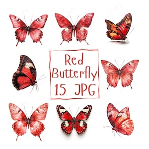 15 Clipart de borboleta vermelha em aquarela | Ilustrações de borboletas ousadas para convites, artesanatos e arte de parede | Download digital JPG de alta qualidade
