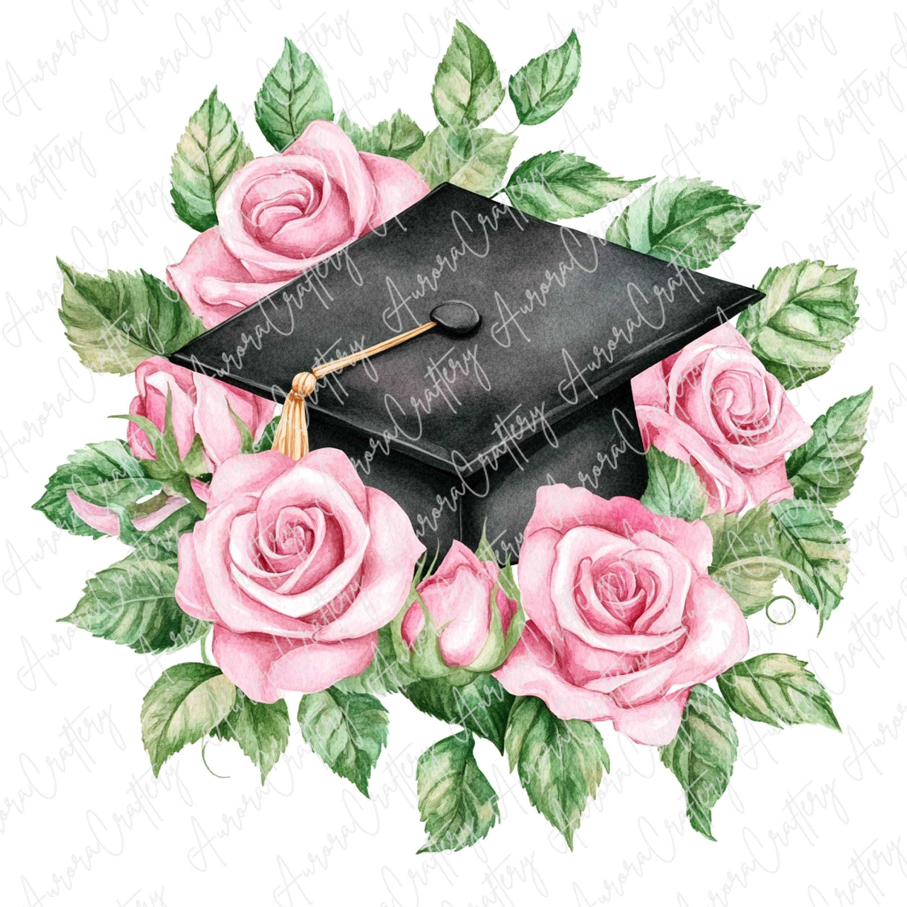 6 Graduation Cap With Pink Flower Clipart, Floral Grad Hats With Roses ...