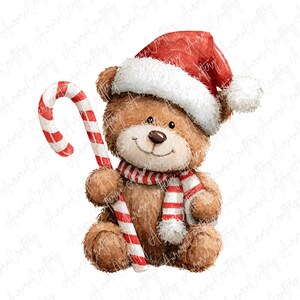May include: A watercolor illustration of a brown teddy bear wearing a red Santa hat and a red and white striped scarf. The bear is holding a red and white candy cane. The image has a festive Christmas theme.