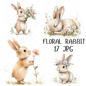 17 imágenes prediseñadas de conejos florales en acuarela, lindas imágenes prediseñadas de conejos florales, lindas imágenes prediseñadas de guardería, conejos de guardería en formato JPG, descarga en alta calidad en formato JPG.
