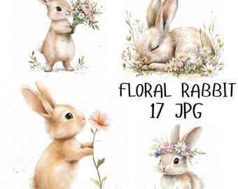 17 Clipart lapin floral aquarelle, mignon lapin floral Clipart Lapin, Clipart mignon de chambre d'enfant, chambre de bébé lapin JPG, téléchargement JPG de haute qualité