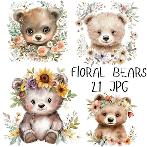 21 Aquarell Bären, florale Cliparts, süße Bären mit Blumen, florale Tier Cliparts, druckbare Cliparts, Papiermodelle, hochwertige JPG-Downloads