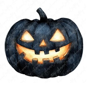 May include: A black watercolor pumpkin with a carved jack-o'-lantern face. The pumpkin is lit from inside, creating a warm glow.